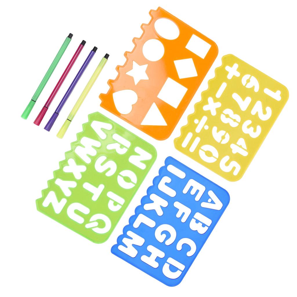 Drawing Stencil Kit Children Number Letter Shape Drawing Template Ruler Pen White Paper Set