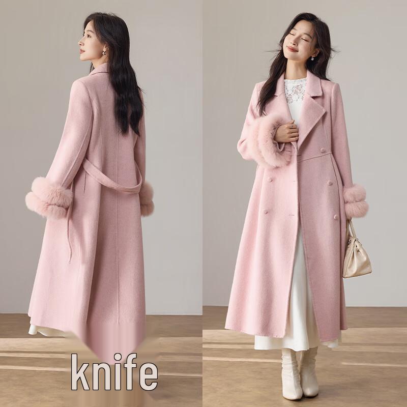 VICTORIA&VERA Women's Fox Fur Sleeve Wool Blend Long Coat with Belt