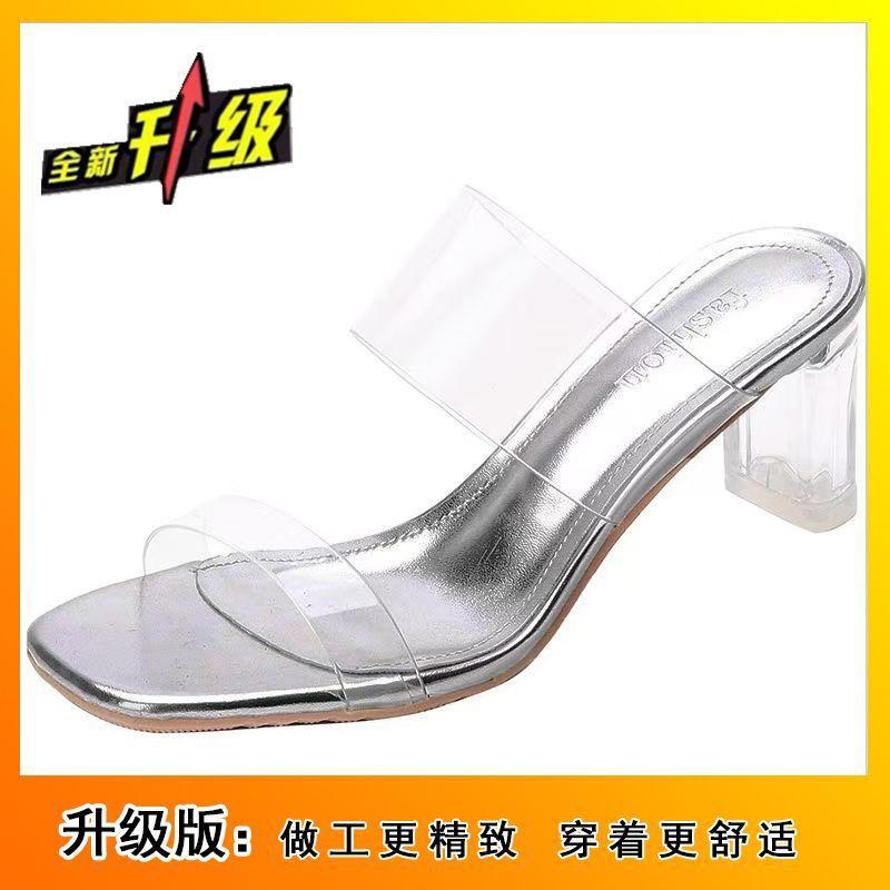 2025 new open-toed transparent word with waterproof table slippers women's simple crystal thick heels high heels sandals