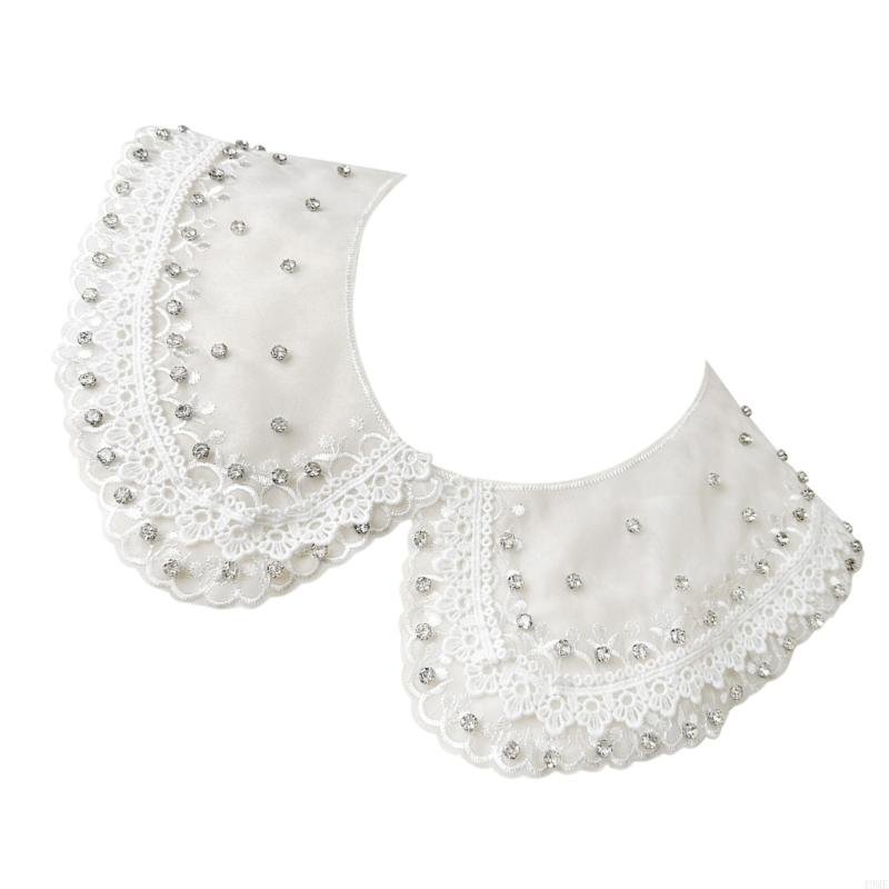 49ME Stylish Rhinestones Embellished Faux Collar for Women Blouse Multipurpose Shirt Accessory Lace Trim Organza False Collar