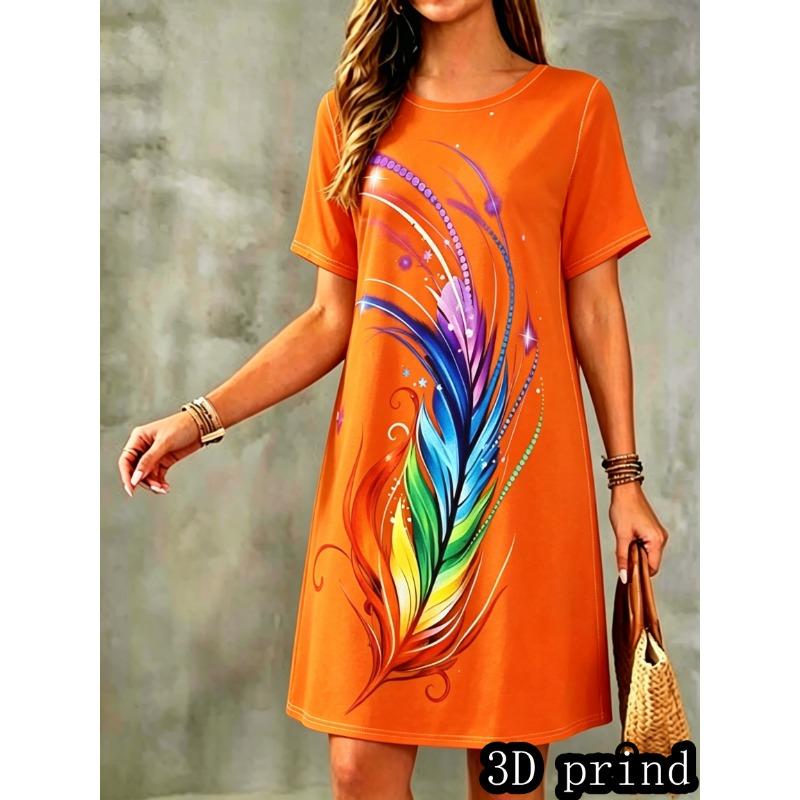 Plus Size, Women's Short Sleeve T-Shirt Dress - Abstract Geometric American Digital Print Dress | Round Neck Casual