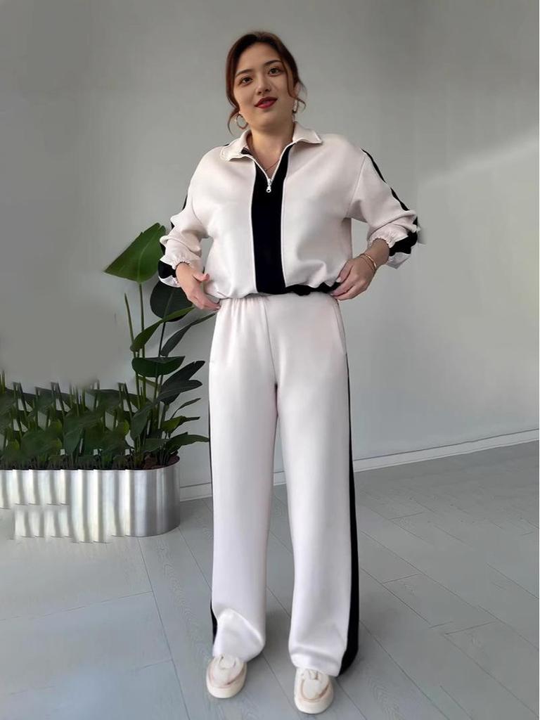 2025 Autumn Women's Fashion Color Block Casual Knitted Two-Piece Set