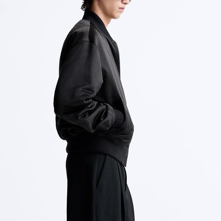Zara Solid Color Baseball Collar Zip Long Sleeve Jacket Men Jacket Black 05070304800-33