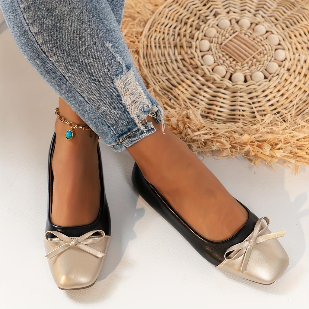 Women's Bow Square Toe Flats - Comfortable Slip On Ballet Shoes