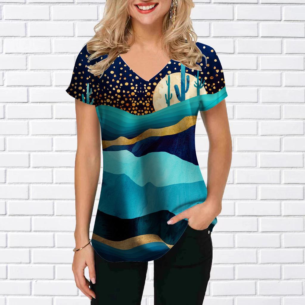 Top da donna a maniche corte con scollo a V, stampato con girasoli, alte creste e montagne imponenti, t-shirt ampia, blusa casual