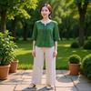 Women's Ethnic Geometric Embroidered Cotton Linen 2 Piece Outfit Loose Fit 3/4 Sleeve Top Wide Leg Pants Summer Casual Set