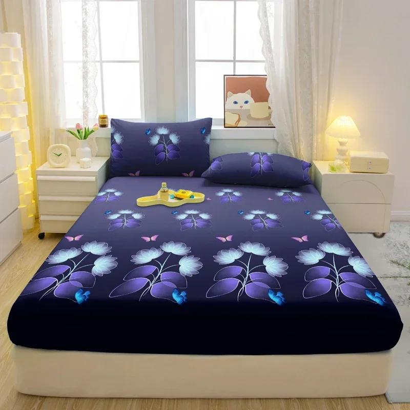 Simple 1 Modern Plant Flower Printed Matte Fitted Sheet, Bedroom Printed Bed Cover, Bedding Excluding Pillowcases