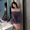Sexy one-word shoulder mesh dress women's autumn new pure desire style slim and thin hip-wrapped bottoming skirt