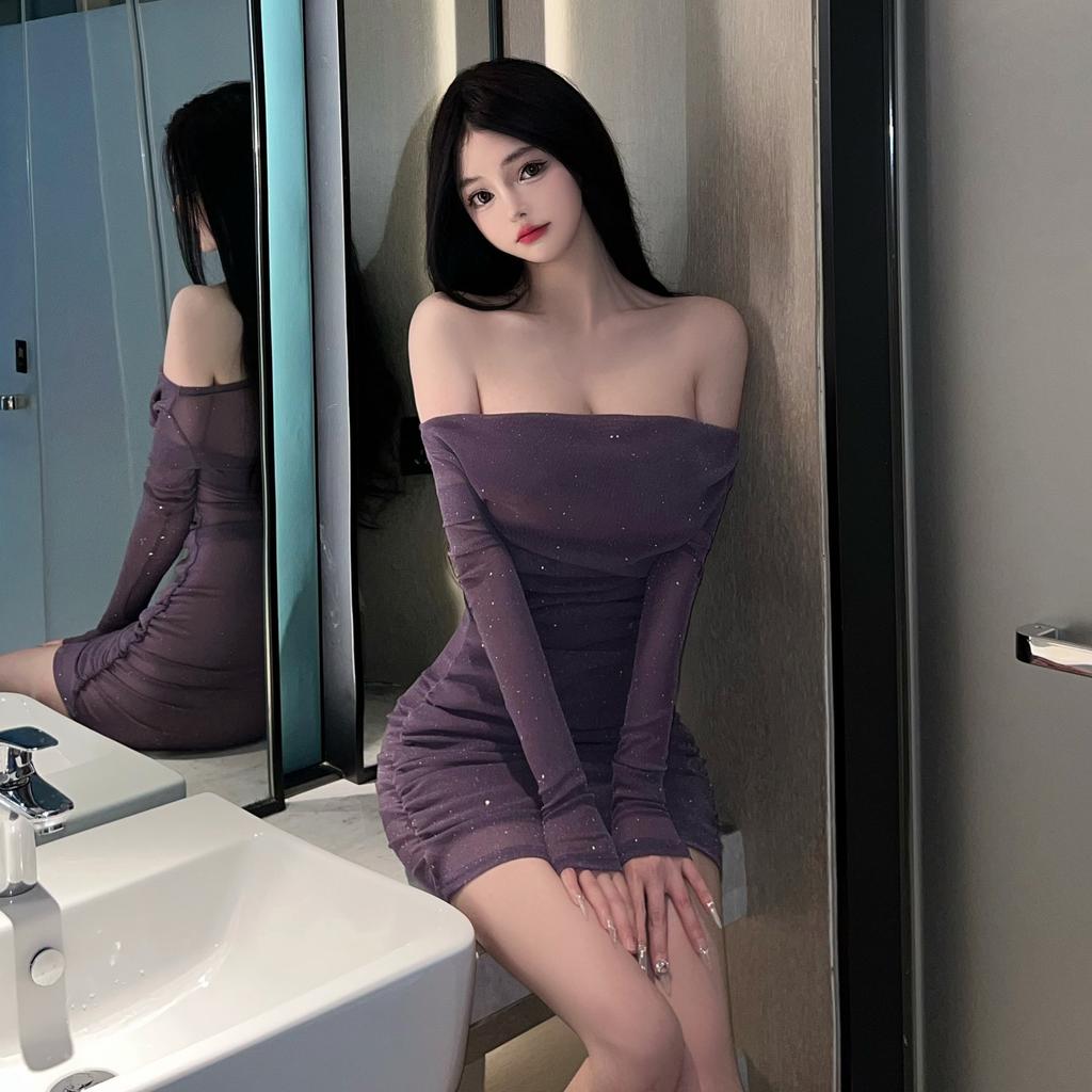 Sexy one-word shoulder mesh dress women's autumn new pure desire style slim and thin hip-wrapped bottoming skirt