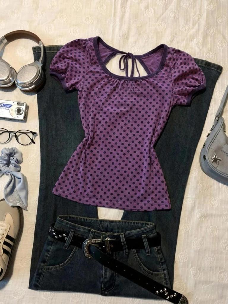 Amerikanisches Reines Verlangen Süßes Mädchen Lila Gepunktet Rückenfrei Schnürung Puffärmel Schlankmachendes T-Shirt Top
