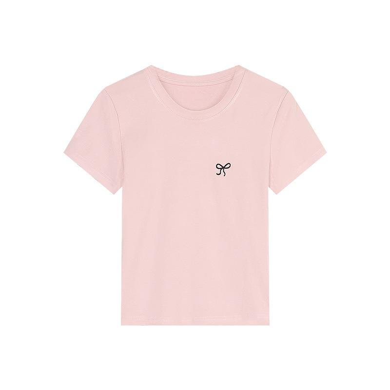 Bow Embroidered Short Sleeved T-shirt for Women In Summer Slim Fit Shoulder Up Student Round Neck Bottom Top Shirt