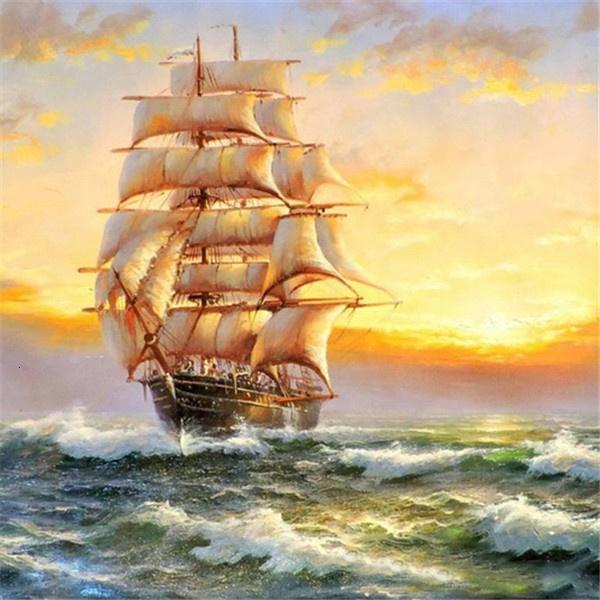 Full borrning Rund 5D Diamantmålning Segelbåt Diamantbroderi Landskap Mosaikdekor Hem Diamantkonst