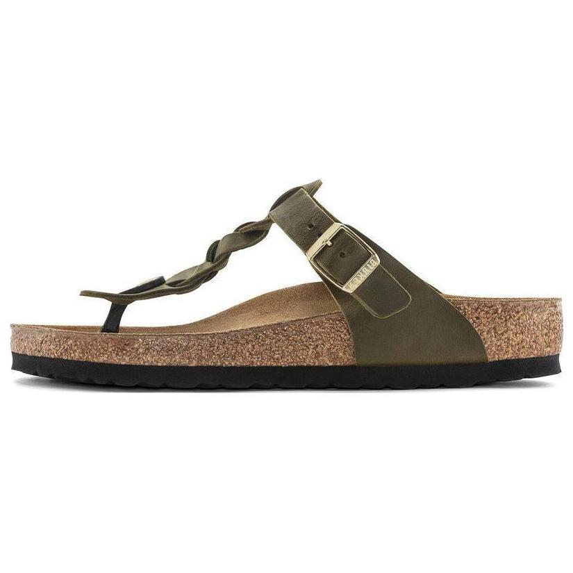 Birkenstock Gizeh Braided Oiled Leather Narrow Fit Sandals Olive Green Women s 1024069 37