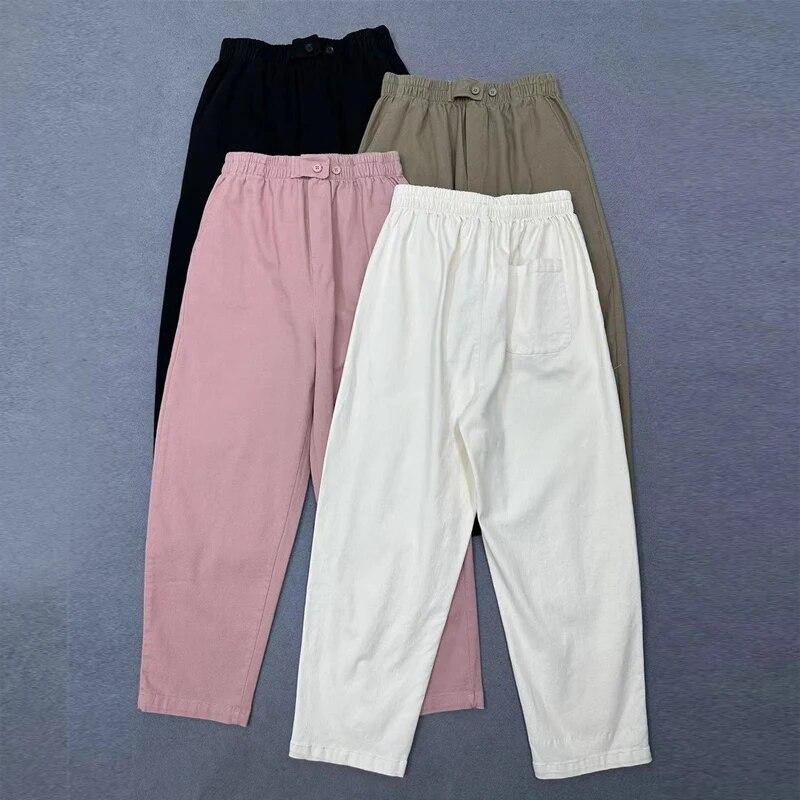 Johnature Spring Japanese Simple Solid Color Casual Pants Elastic Waist Versatile Women Pants