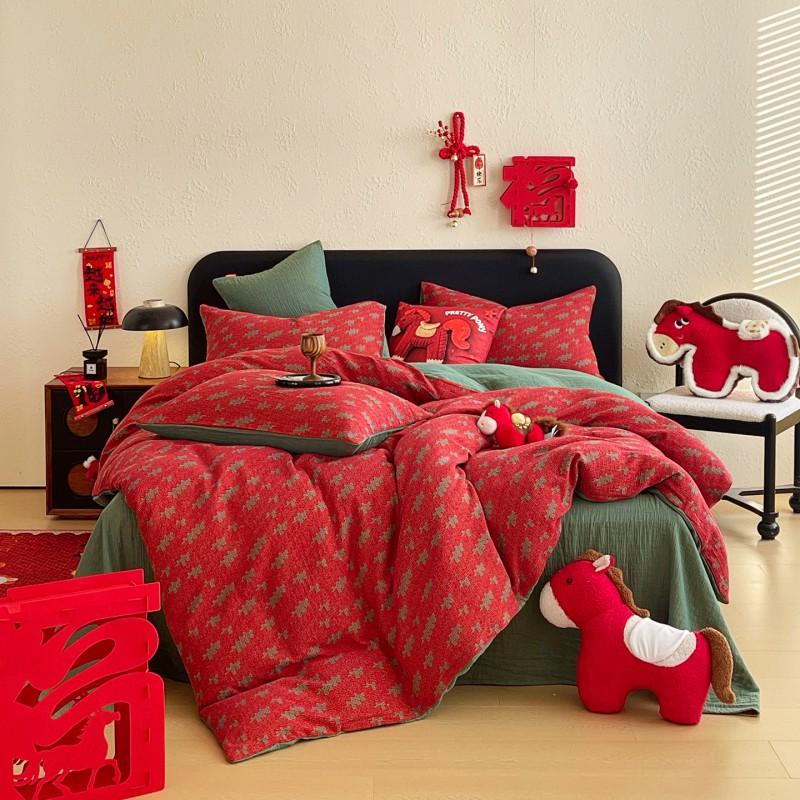 High-Quality Cotton Woven Jacquard Bedding Set Red Horse 4-Piece