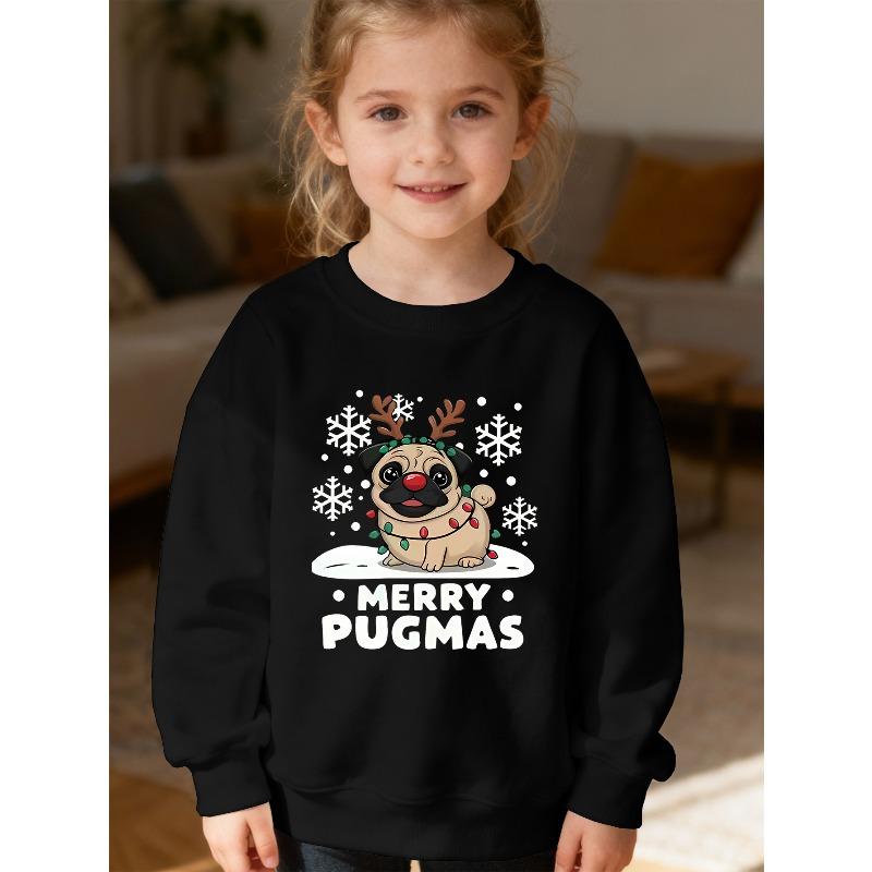 Kids Unisex Crewneck Sweatshirt, Merry Pugmas Christmas Pug Reindeer Snowflake Print Long Sleeve, Soft Kids Sweatshirt For Boys Girls Over 4 Years Old 110