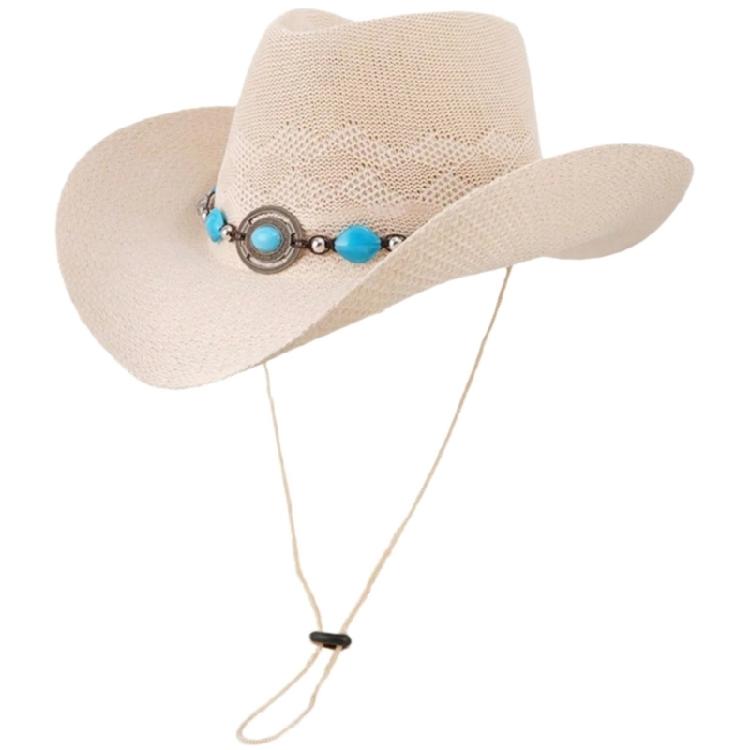 

Handmade Straw Hat Sun Protective Hat Roll Brim Hat with Gemstones Belt Vacation Sun Hat Photography Headpiece бежевий