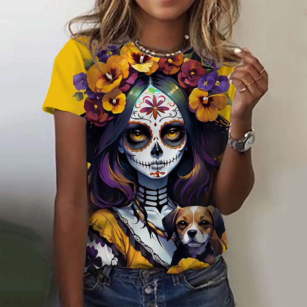 Fashion Women's T-shirt for Girls Summer Short Sleeve Casual Sexy Girls Clothes Horror Undead Skull Pattern Oversized T-shirts