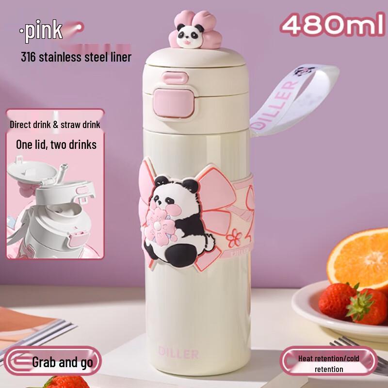 Diller 480ML 316L Stainless Steel Double-Drink Thermos with Straw