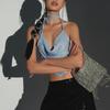 Halter Top Glitter Tanks 2025 Summer Outfits Blue Bright Silk Camis Ruched Top Crop Backless Vests Sexy Tops Cropped Clothes