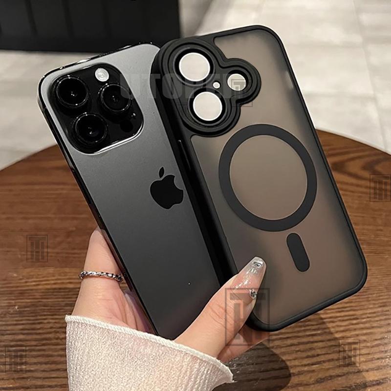 New Black Frosting Translucent Antiskid Case for iPhone 16 15 14 13 12 11 Pro Max Plus Lens Protect Magsafe Magnetic Matte Cover