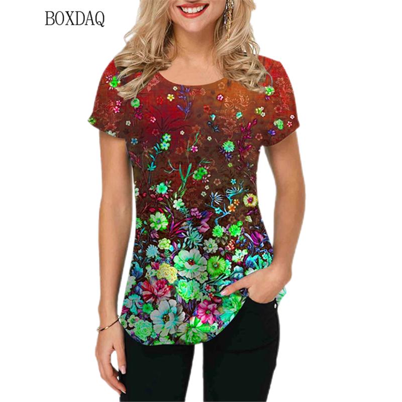 

Новые женские футболки с цветочным принтом, уличная женская футболка с коротким рукавом и 3D цветочным принтом, летние свободные повседневные футболки с круглым вырезом и круглым вырезом XL