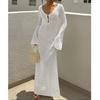 European-American V-Neck Hollow Texture Long-Sleeve Beach Dress