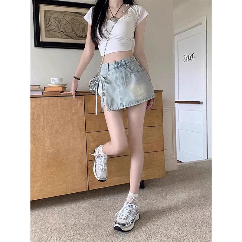 Spicy Girl Plus Size High-Waisted Lace-Up Denim Skirt for Women - Petite Irregular Two-Piece Summer Design
