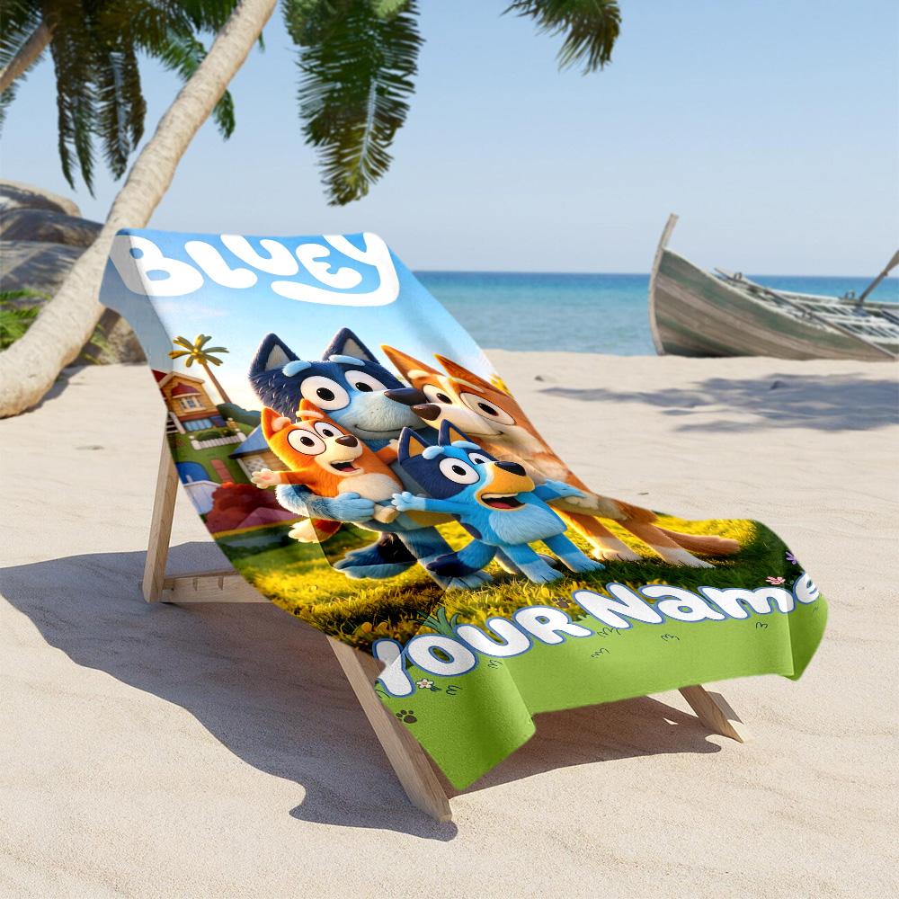 Bluey Personalized Text Beach Towel Quick-Dry Soft Microfiber For Beach Bathroom Outdoor Swimming Pool Camping Picnic Yoga Diving Vacation Accessories
