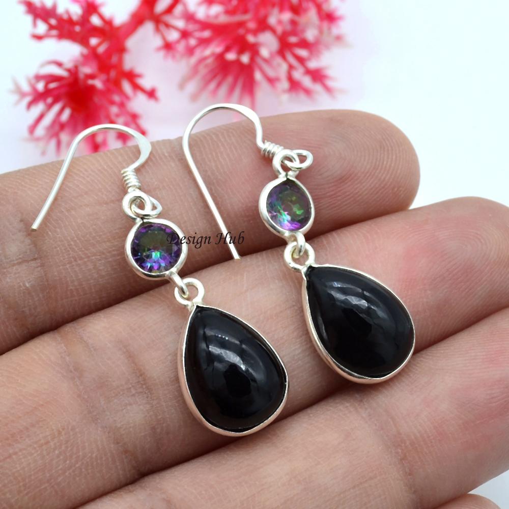 Boucles D'oreilles Argent Massif Avec Onyx Et Topazes - Lithothérapie, Jamais Portées