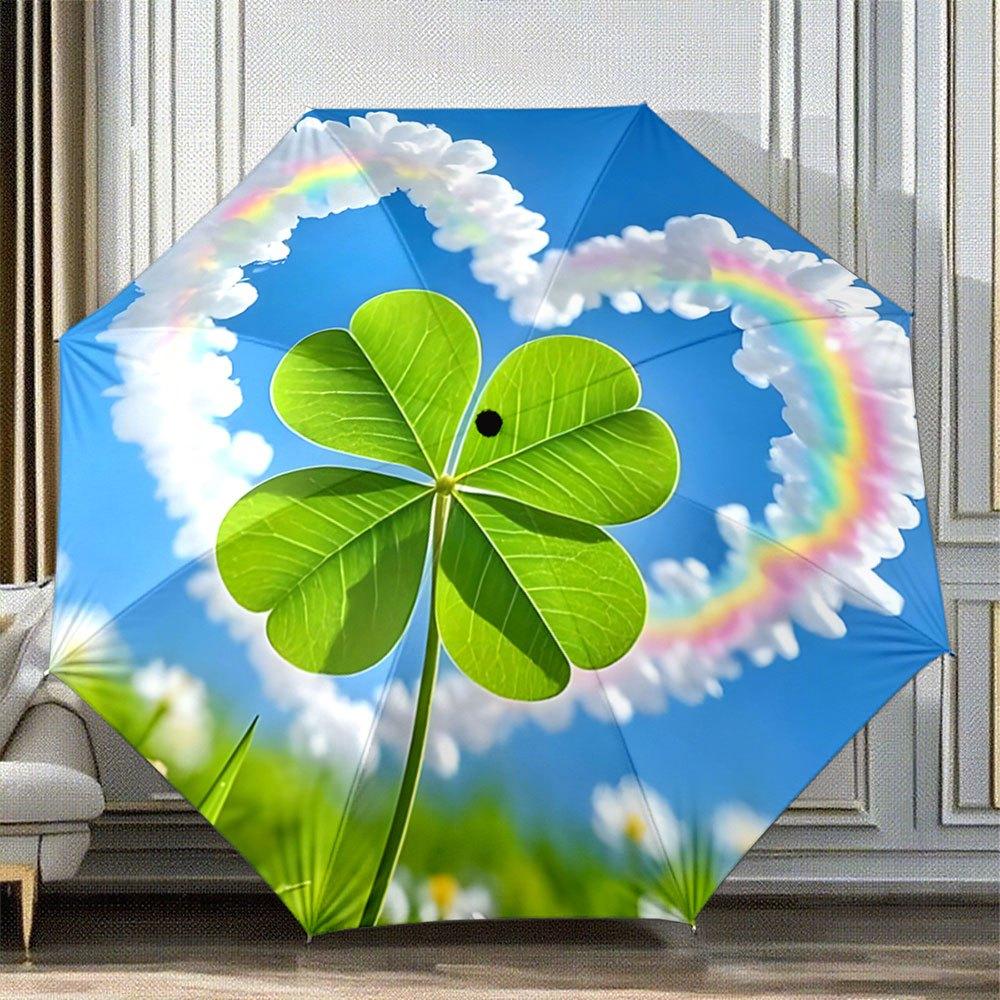 

Automatic Folding Umbrella with Four-Leaf Clover, Clouds & Rainbow Design - Portable Collapsible Outdoor Accessory, Durable Pl Iron&8K