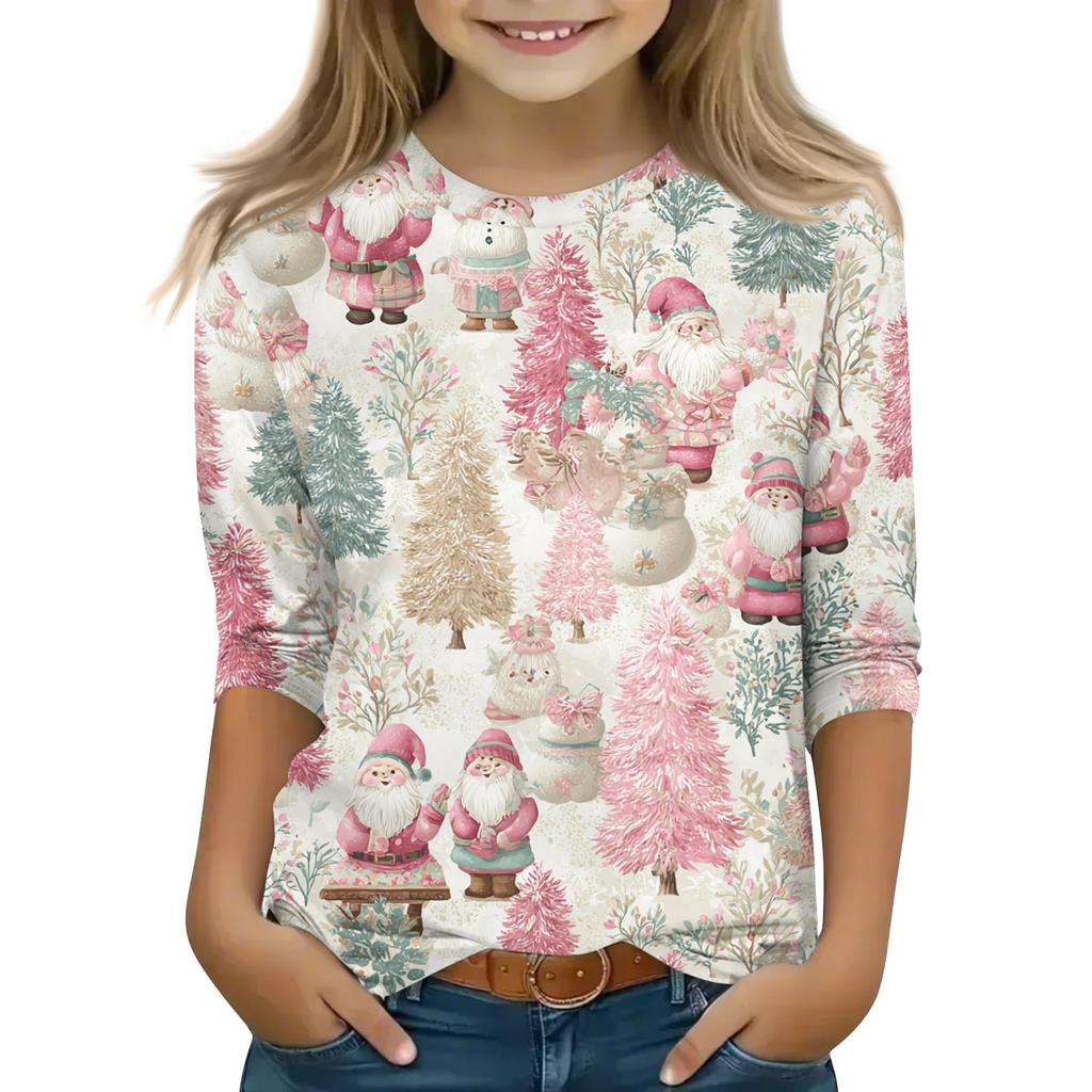Christmas Day Print Tops For Youth Girls 5-16 Years Round Neck 3/4 Sleeves T-Shirts Trendy Tops Outfit Tees
