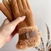 Plush Cuff Metal Buckle Suede Gloves Solid Color Thickened Warm Gloves Women's Stylish Versatile Cold-proof Gloves