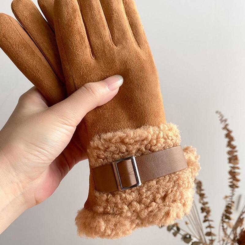 Plush Cuff Metal Buckle Suede Gloves Solid Color Thickened Warm Gloves Women's Stylish Versatile Cold-proof Gloves