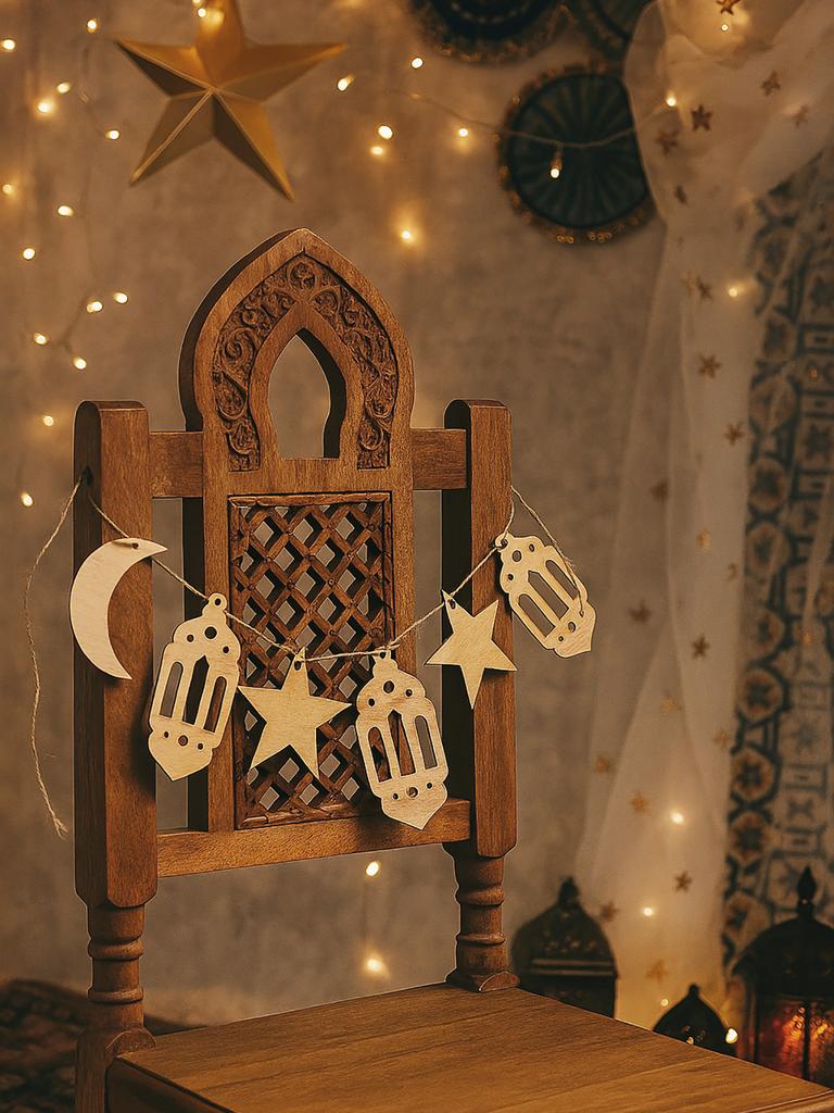 Ramadan Kareem Wood Moon Star Garland Islamic Lantern Hanging Banner Decor Home Party Wall Window Decoration Muslim Holiday Gift