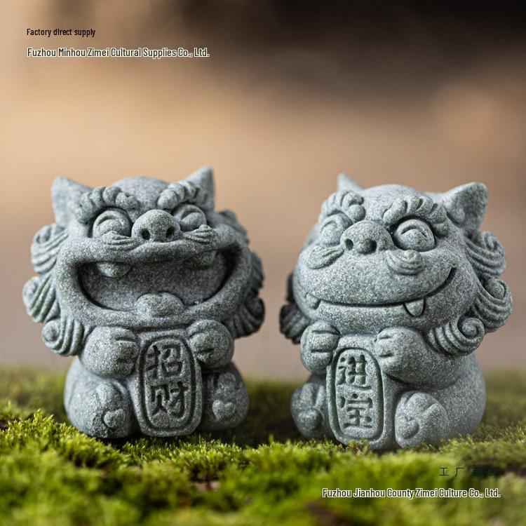 Chinese Stone Lion Pair Fengshiye Desktop Ornament & Bonsai Fish Tank Decoration