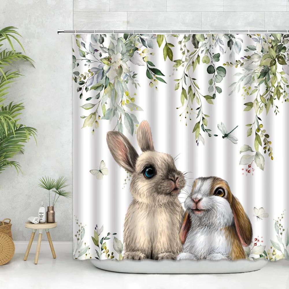 Easter Shower Curtain Set Bunny Rabbit Easter Egg Wooden Bathroom Shower Curtains Polyester Fabric Bath Curtain Decor With Hook