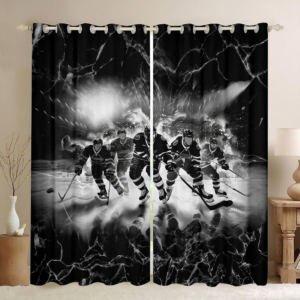 Ice Hockey Curtain Player Window Treatment Curtains Boys Teens Girls Room Winter Sports Game Event Made Of Polyester Washable