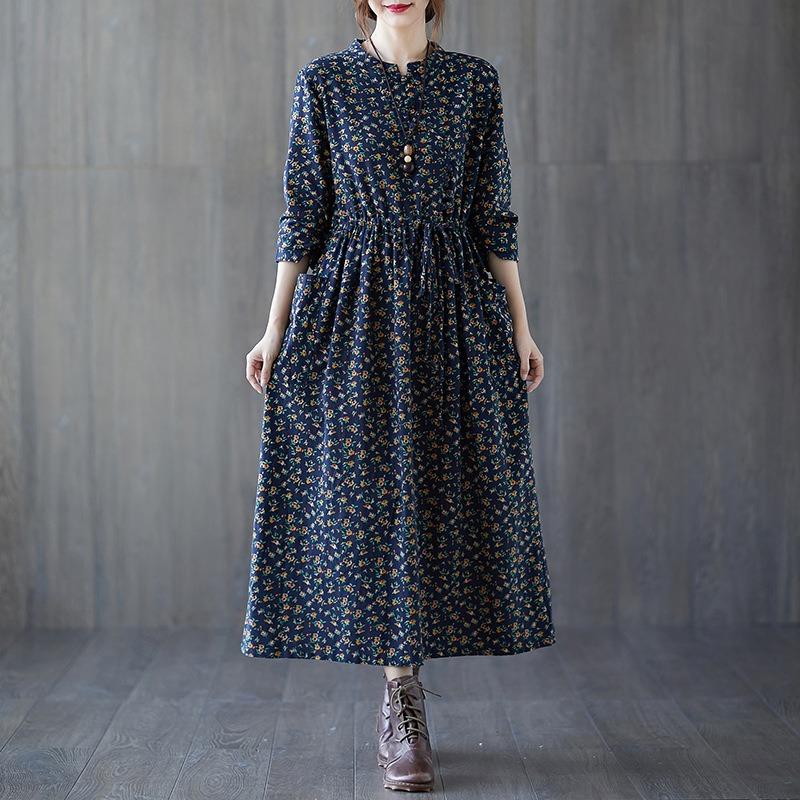 Loose Women's Floral Lace Up Cotton and Linen Dress