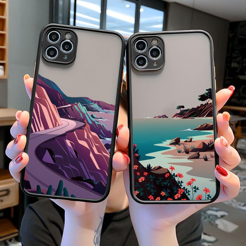 Painted Landscape Phone Case For iPhone 15 12 11 13 14 Pro Max X Xs MAX XR 6s 7 8 Plus SE2 Camera Protection Candy Color Cover