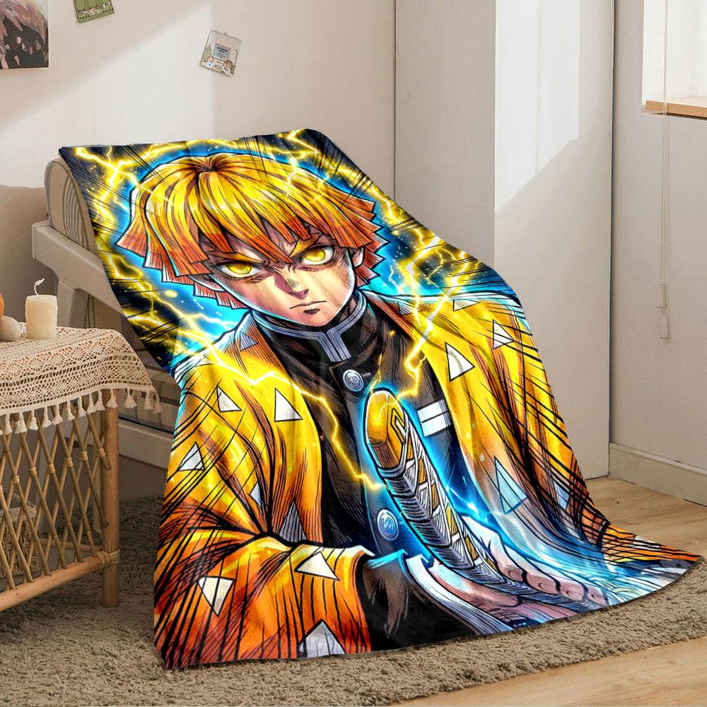Bright yellow lightning radiates from a character with vibrant orange hair. for all seasons blanket lunch break throw gift