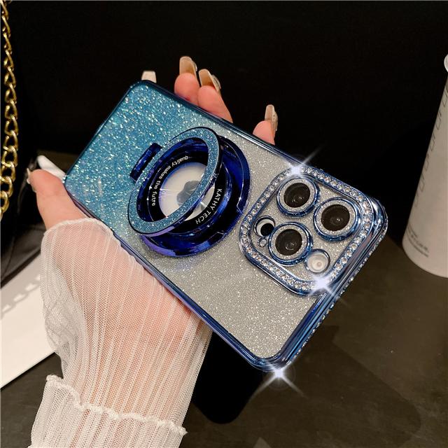 For iPhone 16 Pro Max Luxury Glitter Stand Holder Plating Flash Diamond Frame Phone Case For iPhone 11 12 13 14 15 16 Plus Cover