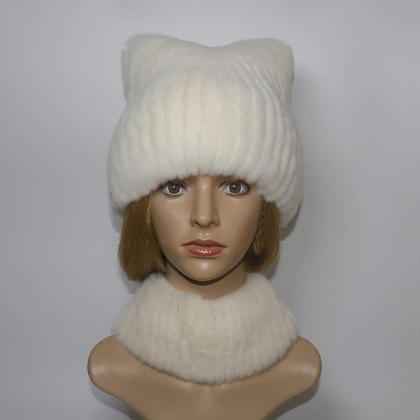 Winter Girls Fashion Fluffy Real Rex Rabbit Fur Hat Scarf Sets Warm Real Rex Rabbit Fur Cat's ear Hats Scarves Women Fur Caps
