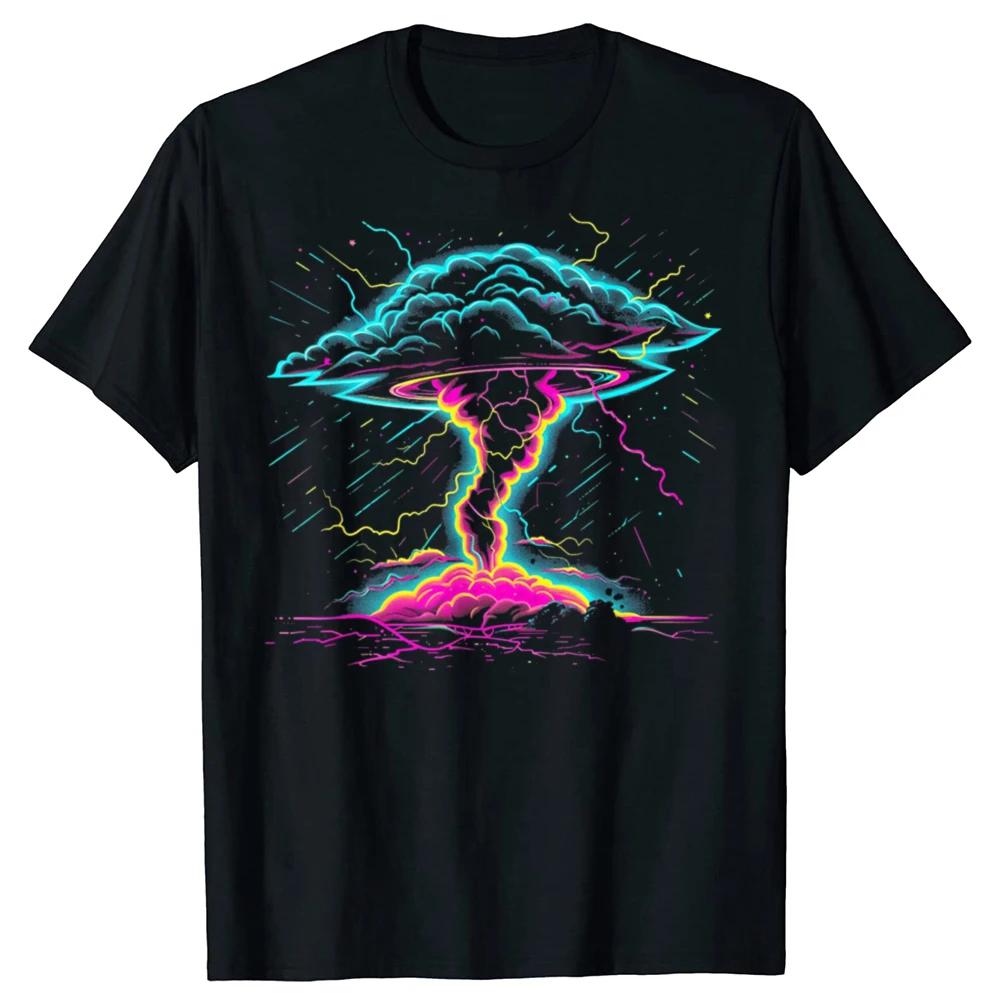 Neon Nuclear Explosion Graphic Tee Retro Aesthetic Cloud Lightning Short Sleeve Unisex TShirt S