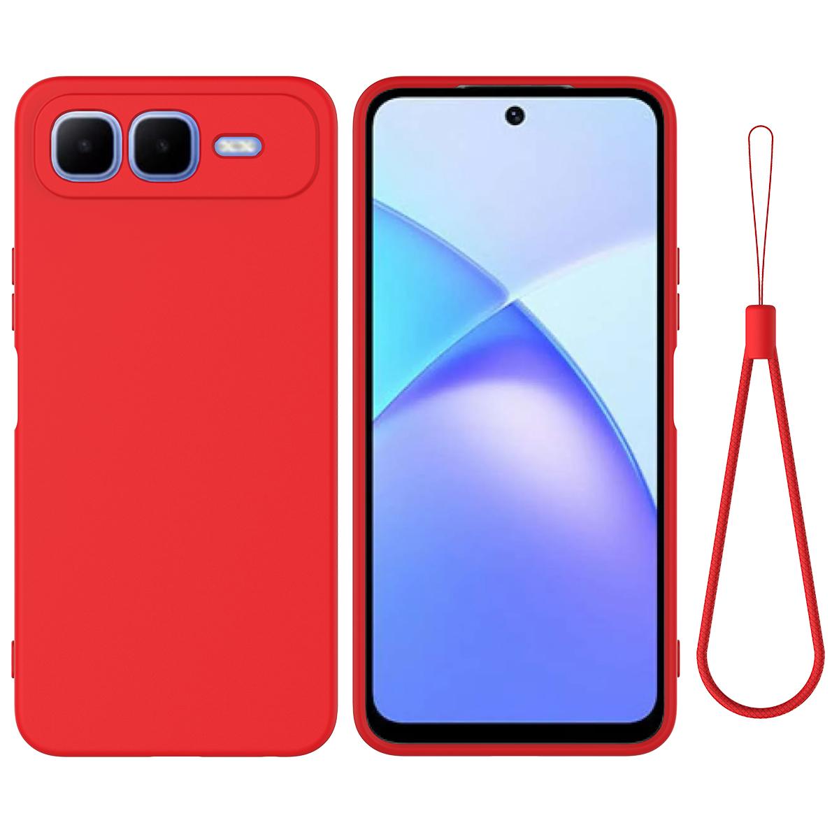 

For Infinix Smart 10 Plus Liquid Silicone Case Phone Back Cover with Hand Strap Red