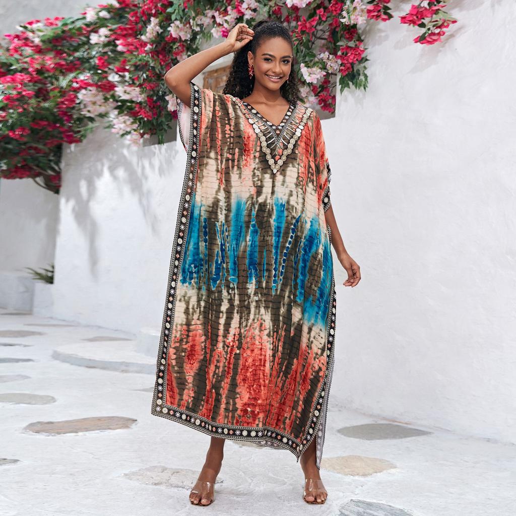 Kaftan Strandkleid Rayon Damen Boho Bunt Bedruckt Plus Size Maxi Sommer Badeanzug Cover Up