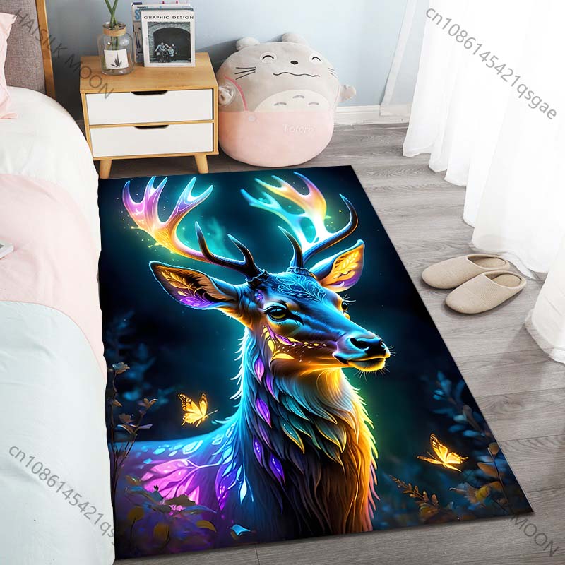 Dreamlike Glowing Deer with Butterflies Carpet for Living Room Bedroom Bedside Floor Mat Cloakroom Children Play Mat Area Rug
