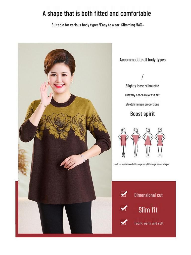 Autumn/Winter Plus Size Wool Pullover for Middle-aged and Elderly Women - Round Neck, Long Sleeve Sweater