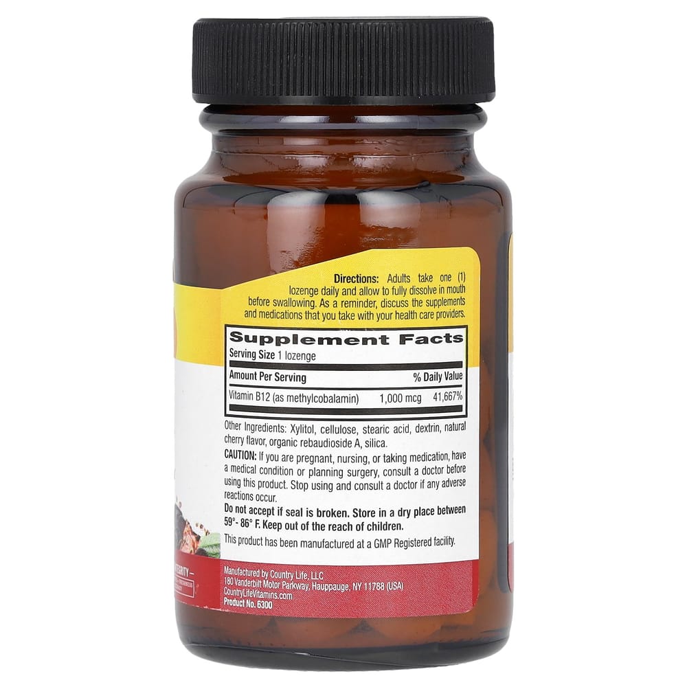 Country Life Methyl B12 Cherry Flavor 1000mcg Lozenges, 60 Count