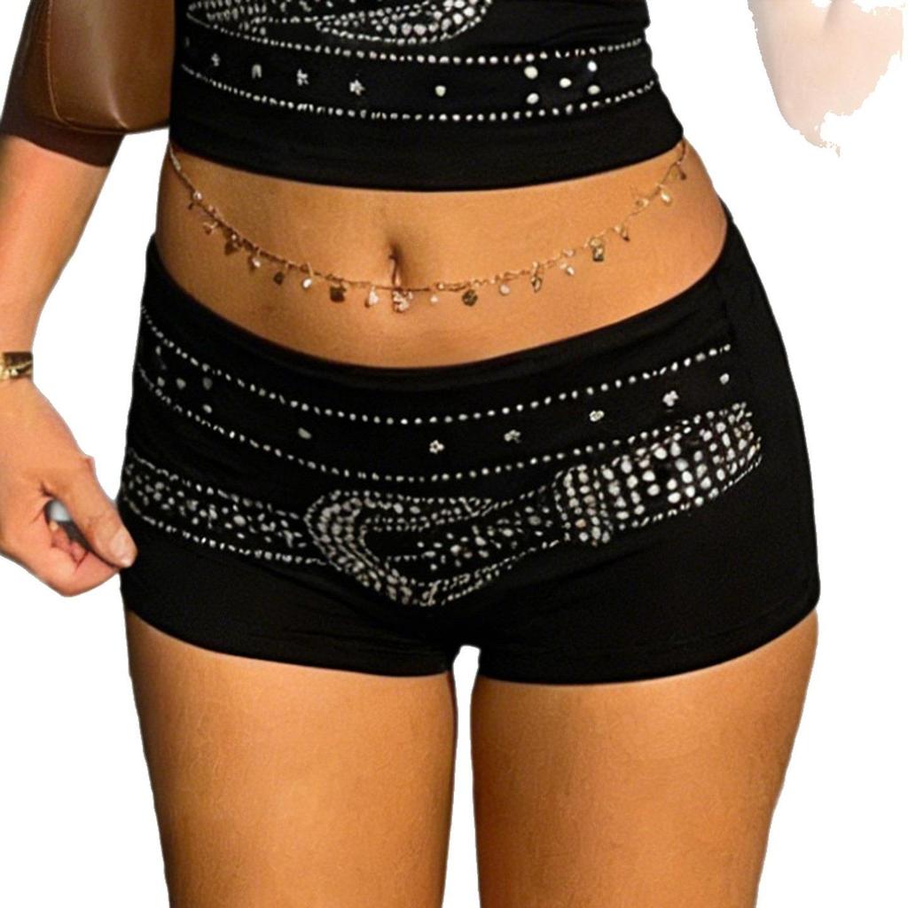 American Street Punk Rhinestone Low-Waist Cropped Shorts - Sexy Casual Summer Wear for Women